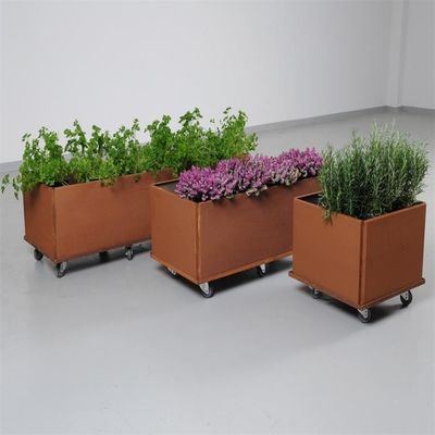 Removable Corten Steel Rectangular Trough Planters Box On Casters