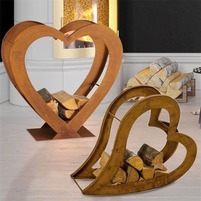 Customized Rust Colored Heart Shaped Corten Metal Firewood Storage Log Rack