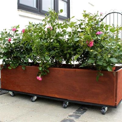 Removable Corten Steel Rectangular Trough Planters Box On Casters